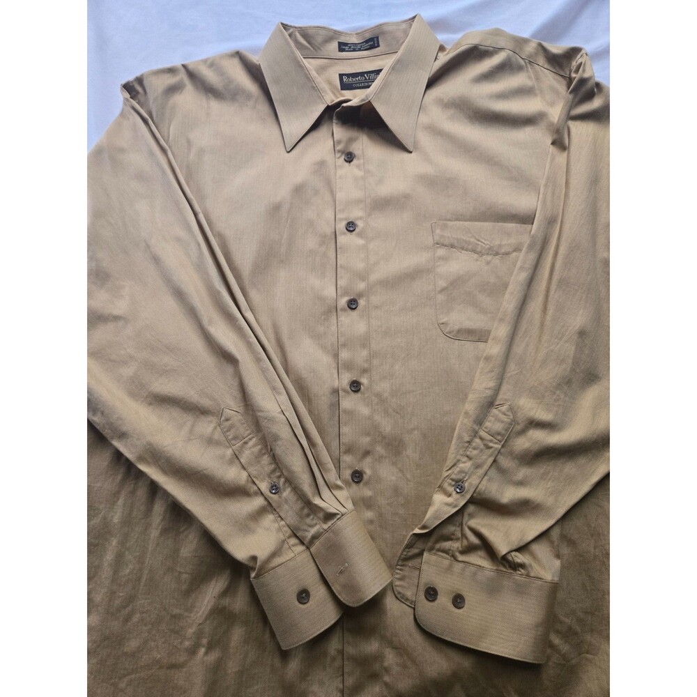 Roberto Villini Collezione Men's Tan Herringbone Dress Shirt - 100% Cotton